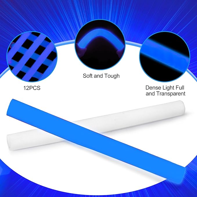 Glow Foam Sticks Bulk, 24 Pcs Blue Giant LED Light Up Sticks 3 Modes Flashing Glowing Baton Wands Party Supplies for Wedding, Raves,Concert,Birthday,Christmas, Halloween,Sporting Events