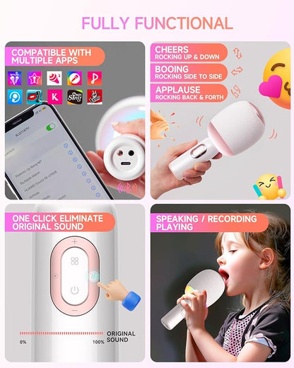 Wireless Bluetooth karaoke Microphone, 5-in-1 Portable Handheld Microphone for iPhone, Karaoke Microfono with Dynamic Lights for Car / Home Party, Music Record, Duet Singing Mic for Kids Adults-White