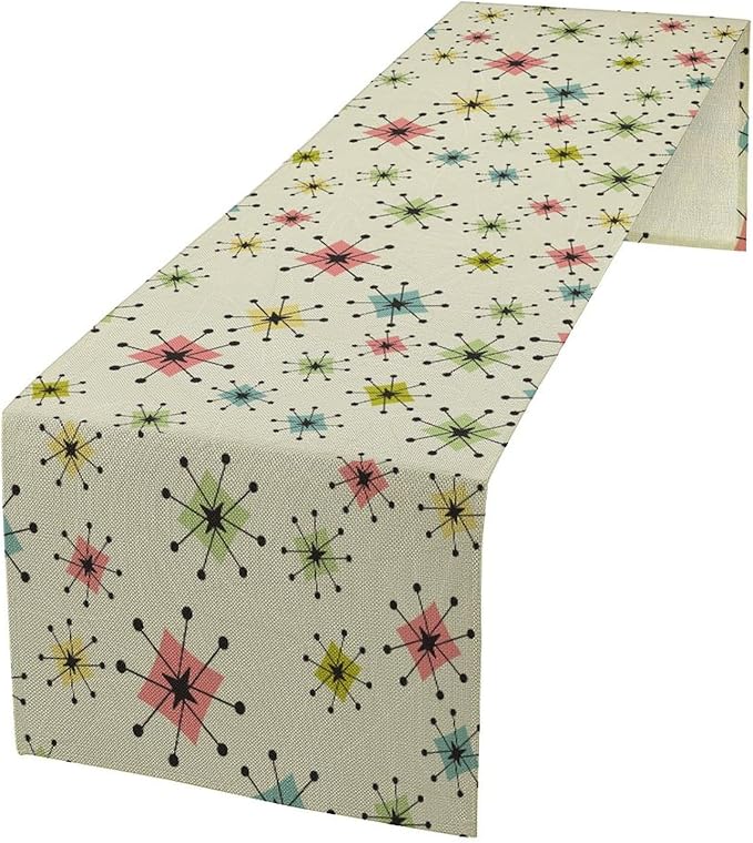 Mid Century Table Runner, Flag Retro Atomic Starburst 1950s Abstract Geometric Space Tabletop Decoration for Home Kitchen Restaurant Table Flag 13x90 Inch
