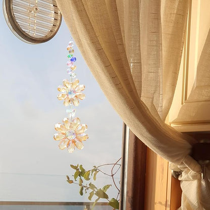 Crystal Flower Suncatcher Hanging Ornament, Rainbow Maker Window Sun Catcher Indoor Outdoor Patio Garden Decor (Gold)