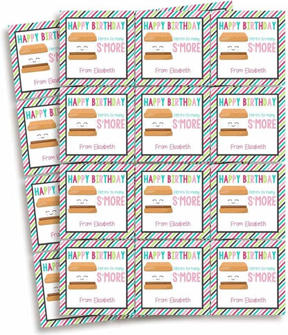Custom & Personalized Many S'More Happy Birthday Gift Tag Sticker Labels, 24 2.5" Square Stickers by Amanda Creation