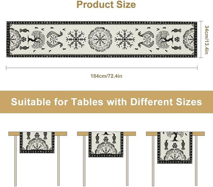 Ancient Abstract Pattern Table Runner, Tree of Life Eagle Dragon Boat Rudder Black and White Table Runner for Party Kitchen Dinner Cafe Bedroom Living Room Outdoor 13x70 Inch