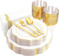 NOCCUR 175PCS Gold Plastic Plates with Disposable Silverware - White Gold Plastic Tableware Include 25 Dinner /25 Dessert Plates, 75 Cutlery, 25 Cups, 25 Napkins - Ideal for Fall Party&Thanksgiving
