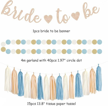 Light-Dusty Blue Beige-Champagne Bridal-Shower Party-Decorations - 31pcs Bride To Be Banner,Boho Neutral Bachelorette Paper Lanterns,Wedding Garland,Tissue Pom Poms Flower Fan Decor Supplies Burgleda