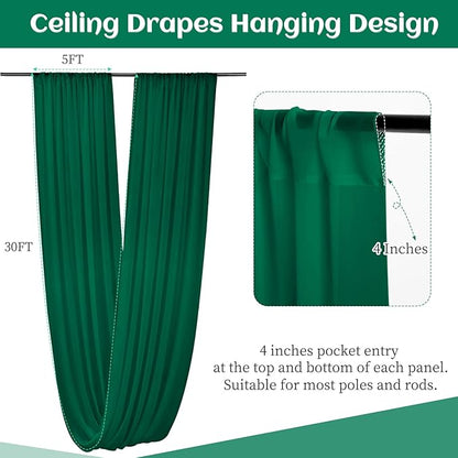 6 Panels Emerald Green Wedding Ceiling Drapes 5ftx30ft Ceiling Drapes Chiffon Fabric Arch Draping Sheer Curtains Soft Drapery Draping Wedding Ceiling Decorations for Party Ceremony Stage Swag