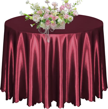 KKJIAF 1 Pack 108 Inch Round Table Cloth, Burgundy Overlay Round Satin Table Cover, Silky Satin Dining Tablecloths for Wedding Buffet Parties Banquet Decoration