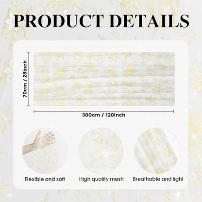Artoid Mode Gold Snowflakes Christmas Gauze Table Runner 120 Inch 10FT, Winter Seasonal Sheer Dining Holiday Wedding Table Decor for Home Party