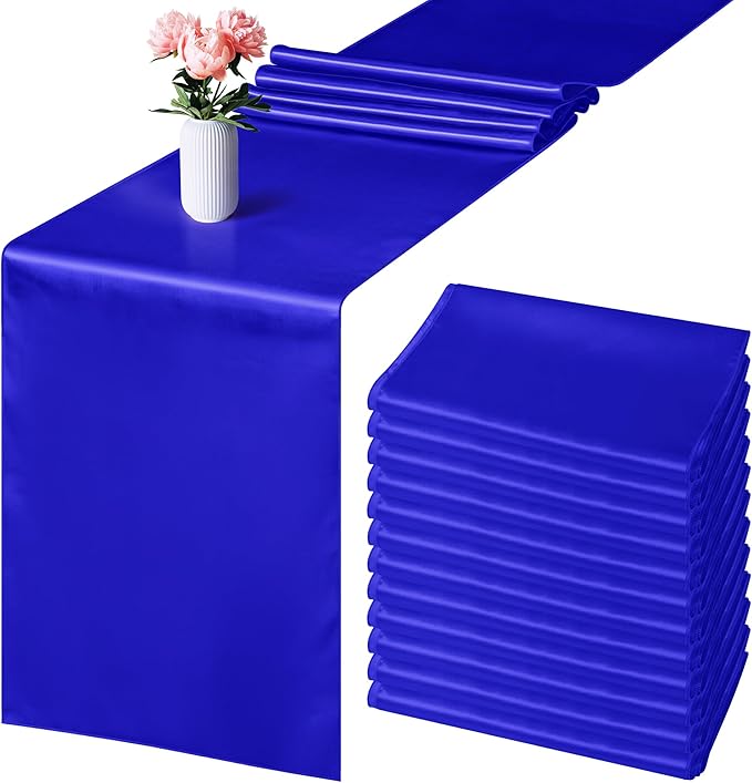Aneco 12 Pack Satin Table Runner 12 x 108 Inch Dark Blue Long Wedding Satin Silk Table Runner for Wedding Banquet Graduations Birthday Party Decoration