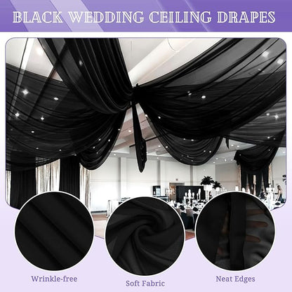 6 Panels Black Ceiling Drapes for Wedding 5ftx20ft Chiffon Fabric Arch Draping Curtains Sheer Drapery for Party Ceremony Birthday Baby Shower Reception Stage Swag Ceiling Decorations