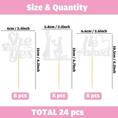 Sotpot 24PCS He Asked She Said Yes Cupcake Toppers With Heart Silver Glitter for Wedding Bridal Shower Wedding Engagement Party Cake Decorations