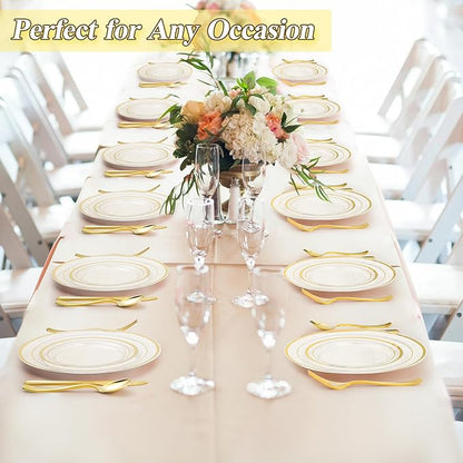 100PCS Clear Gold Plastic Plates Set, 50 10.25 inch Dinner Plates and 50 7.5 inch Dessert Plates, Disposable Plates for Party, Wedding