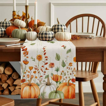 Fall Wildflowers Cotton Linen Table Runner for Dining Kitchen, Thanksgiving Pumpkin Outdoor Party Rustic Tablerunners Decoration, Botanical Floral Vintage Dresser Scarf Tablecloth Runners 13x36 Inches