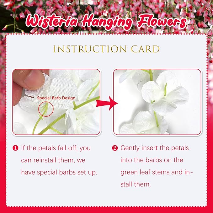 24 Pack Red Wisteria Hanging Flowers, 3.4 Ft Fake Hanging Flowers, Artificial Wisteria Garland Vines for Wedding Room Backdrop Outdoor Patio Garden Decoration