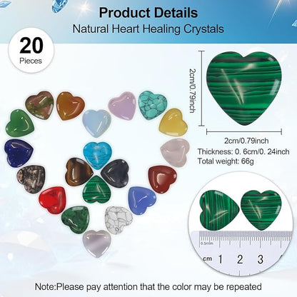 Rose Quartz Crystals,Virekm 20PCS Heart Healing Crystals Amethyst Heart Love Stones Set Palm Thumb Gemstones Chakra Reiki Balancing Gifts for Men Women (Colorful - 20 PCS)