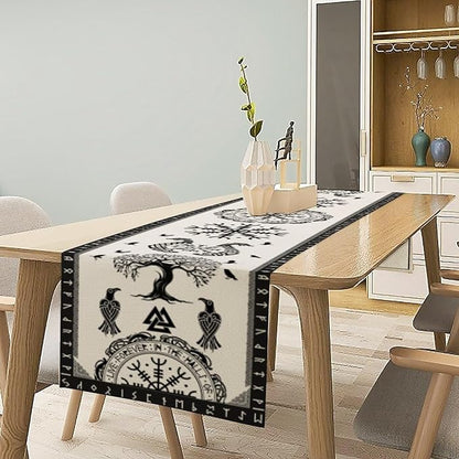 Ancient Abstract Pattern Table Runner, Tree of Life Eagle Dragon Boat Rudder Black and White Table Runner 13x108 Inch