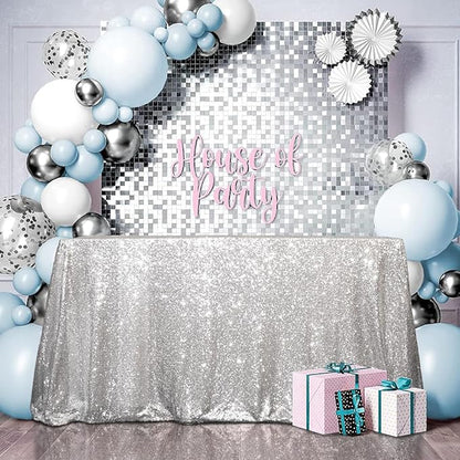 SquarePie Sequin Tablecloth 50 x 72 Inch Silver Sparkly Table Cloth for Wedding Party Decoration