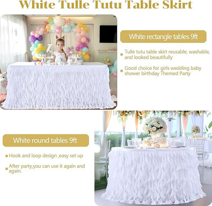 Partisky White Tulle Curly Willow Table Skirt for Rectangle Table 9ft, Ruffle Tutu Table Cloth for Wedding,Bridal Shower, Baby Shower,Birthday Party