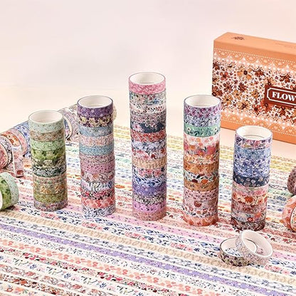 60 Rolls Flowers Theme Washi Tape Set with Different Colorful Patterns, Writable Decorative Tapes for Scrapbooking, Bible Journaling, Bullet Journaling, 0.39'' x 79'' per Roll