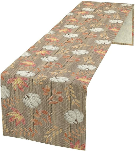 Autumn Table Runner,Pumpkins Maple Leaves Wood Fall r Seasonal Table Runner Kitchen Dining Table Decoration for Home Party Decor 13x108 Inch