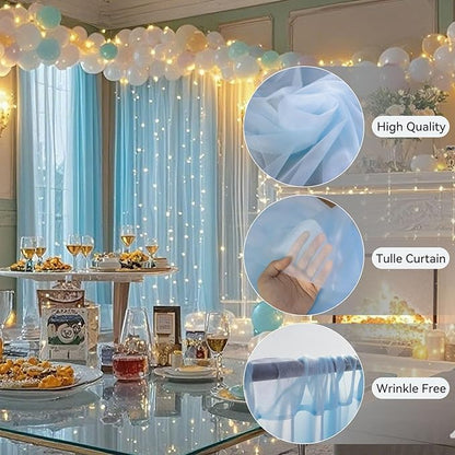 10×8ft Tulle Backdrop Curtains with Lights String - 300LED Fairy Lights Sheer Curtain Backdrop for Weddings Baby Shower and Birthday Party Decorations(8 Panels 5×8ft)