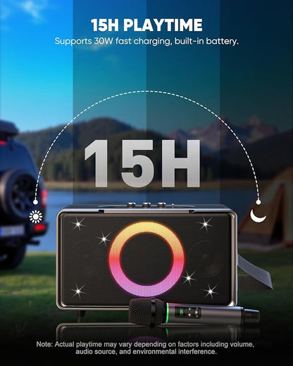 GFEEN Portable Bluetooth Speaker: 200W Peak, Deep Bass, 15H Playtime, Large Party Wireless Speakers, Powerful Loud Sound, Light Show, Fast Charging for Outdoor, Backyard, Home(Silver with 1Mic)