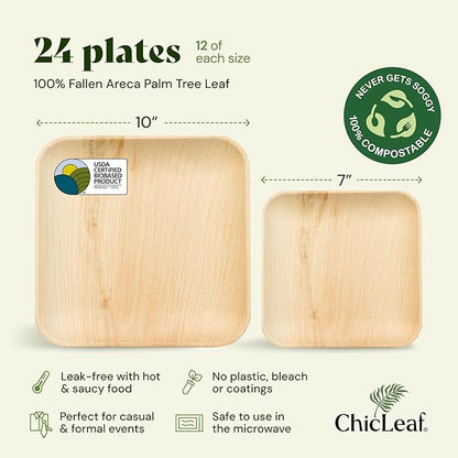 Chic Leaf Square Palm Leaf Tableware - 10" & 7", Pack of 24 - Durable Bamboo Disposable Dinnerware - Eco-Friendly Compostable Plates - Versatile Party & Appetizer Plates
