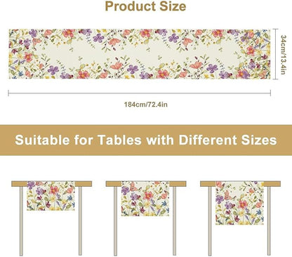 Floral Table Runner,Flowers Plant Print Spring Table Runner for Kitchen Dining Table Decoration for Home Party Decor 13x120 Inch