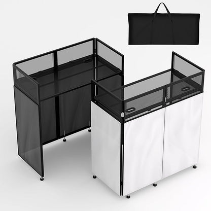 LUCKUP Portable DJ Booth 41"L x 20"W DJ Facade with White & Black Scrim, Foldable DJ Table Station with Adjustable Feet for Party, Black Metal Frame