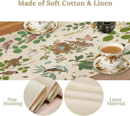 Vintage Bird Flower Table Runner Seasonal Spring Summer Garden Plants Farmhouse Country Kitchen Dining Table Decoration for Home Party Holiday 13"x108"