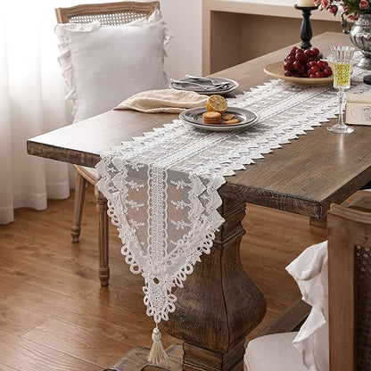 patdrea Designer Vintage White Lace Table Runner,Crochet Decorative Table Covers,Chiffon Embroidered Tasseled Table Runners, Cutwork Dresser Runners,Christmas Wedding Party Bridal 16x87 Inches Long