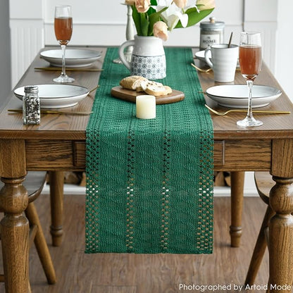 Artoid Mode Dark Green Farmhouse Woven Rustic Hollow Table Runner, Seasonal Holiday Hollow Kitchen Dining Table Decoration for Home Party Decor 12x120 Inch