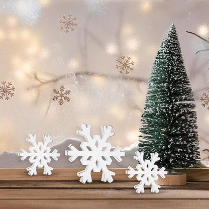 Snowflake Decorations Christmas Decor 6Pcs Winter White Wooden Snowflakes Standing Christmas Tiered Tray Decor Winter Wonderland Decorations for Indoor Home Xmas Table Shelf Fireplace Mantel