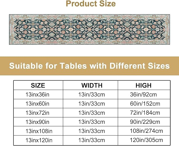 Vintage Boho Floral Table Runner, Rustic Country Farmhouse Blue Teal Red Bohemia Flower Pattern for Home Kitchen Table Decor Dining Coffee Room Party Decor 13x120in