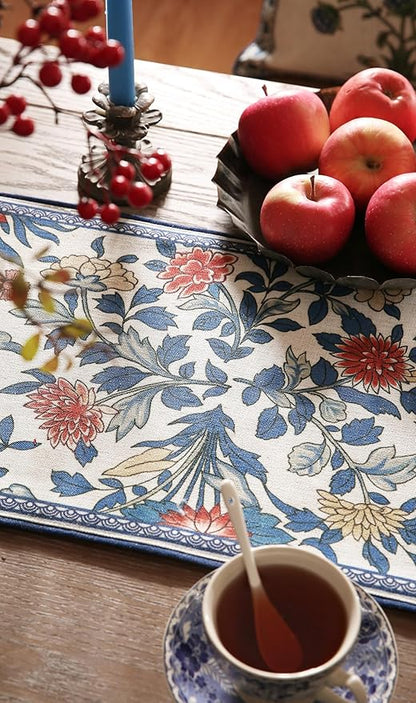 patdrea Designer Blue Cottage Rustic Floral Patterned Linen Table Runner 71 Inch Long,Wrinkle Resistant Table Mat,Decoration for Kitchen Dining and Coffee Tables Banquet Christmas , 12"x71"