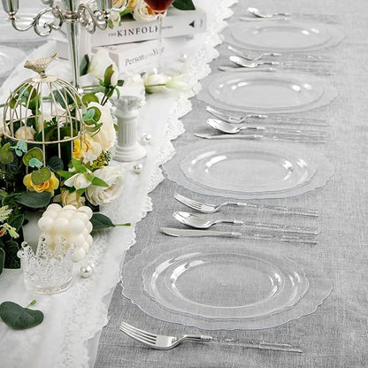 Liacere 150PCS Clear Silver Plastic Plates & Disposable Silver Plastic Silverware with Glitter Bamboo Handle Cutlery-Baroque Clear Disposable Plates for Wedding & Easter day & Mother's Day
