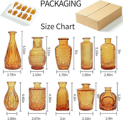 Vintage Small Glass Vases Set of 10,Mini Bud Vases for Flowers,Amber Glass Vases for Centerpieces,Wedding Decorations,Home Table Flower Decor (Amber)