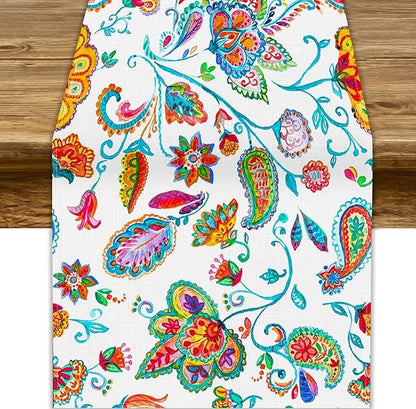 Paisley Table Runner, Watercolor Floral Oriental Indian Traditional Tulips Leaves Bohemian Paisley Print Table Runner for Kitchen Dining Tables Party Decor, 13x36inch