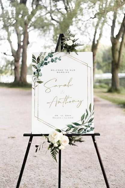 Welcome Wedding Signs, Greenery Geometric Wedding Sign Decorations Signage 12" X 18" (Small), 27" (Medium), 36" (Large), Plastic, Modern, Pole Mount, Weather