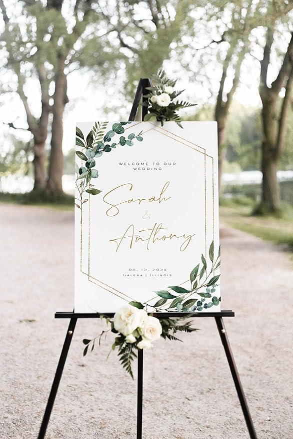 Personalized Wedding Welcome Sign, Greenery Modern Wedding Sign Signage 12" X 18" (Small), 27" (Medium), 36" (Large), Plastic, Modern, Pole Mount, Weather