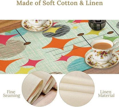Mid Century Table Runner,Abstract Retro Modern Geometric Colorful Stripe Pattern Print Tablecloth Burlap for Hotel Indoors Outdoor Dining Room Kitchen Holiday Party, 13x90in