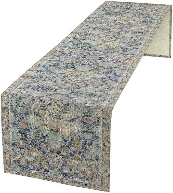 Vintage Boho Floral Table Runner, Rustic Country Farmhouse Blue Yellow Retro Flower Pattern for Home Kitchen Table Decor Dining Coffee Room Party Decor 13x72in