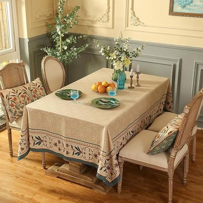 patdrea Designer French Linen Long Tablecloth for Rectangle Table,Beige Anti-Wrinkle Floral Farmhouse Table Cloth,Decor Covers for Kitchen Dining,Tea Party,Christmas,Thanksgiving,63"x94"-Fram