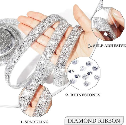 Rhinestone Ribbon 3 Yards Self Adhesive Rhinestone Strips Diamond Ribbon Sticker Crystal Roll Glitter Bling Rhinestones Tape for Crafting DIY Art Decoration (Silver,0.6 Inch)