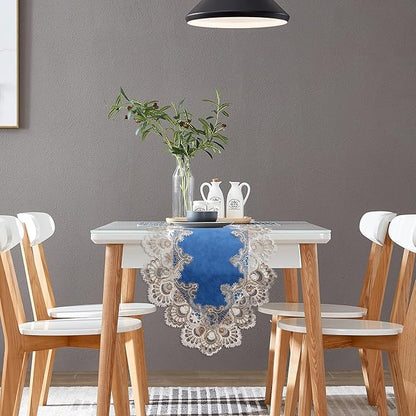 Vintage Lace Dining Table Runner, 72 Inches Macrame Coffee Table Runners for Kitchen Home Christmas Party Decorations (16x72 inch,Blue)