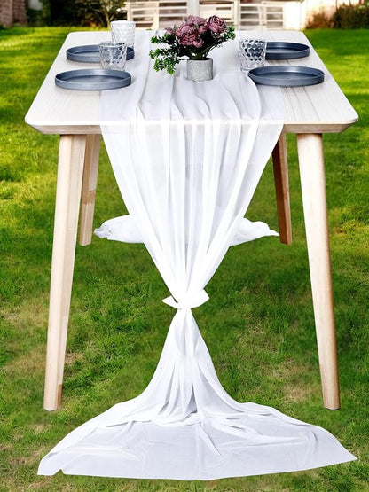 MDS 15 Pack 10ft Chiffon Table Runner 29 x 120 Inches Sheer Wedding Runner Romantic Rustic Table Runner for Wedding Decorations, Birthday Parties, Bridal Shower Party Arch Decor - White