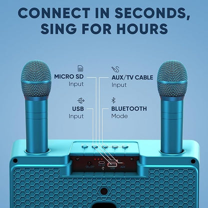 MASINGO Karaoke Machine for Adults and Kids with 2 Wireless Microphones, Portable Bluetooth Singing Speaker, Colorful LED Lights, PA System, Lyrics Display Phone Holder, and TV Cable. Presto G2
