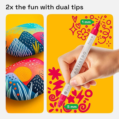 ARTISTRO 120 Acrylic Paint Pens, Acrylic Paint Markers, Fabric Markers for Textile, Canvas, Rock, Glass, Wood, Paper, Pumpkin, DIY (Dual Tip Dot + Fine, 120)