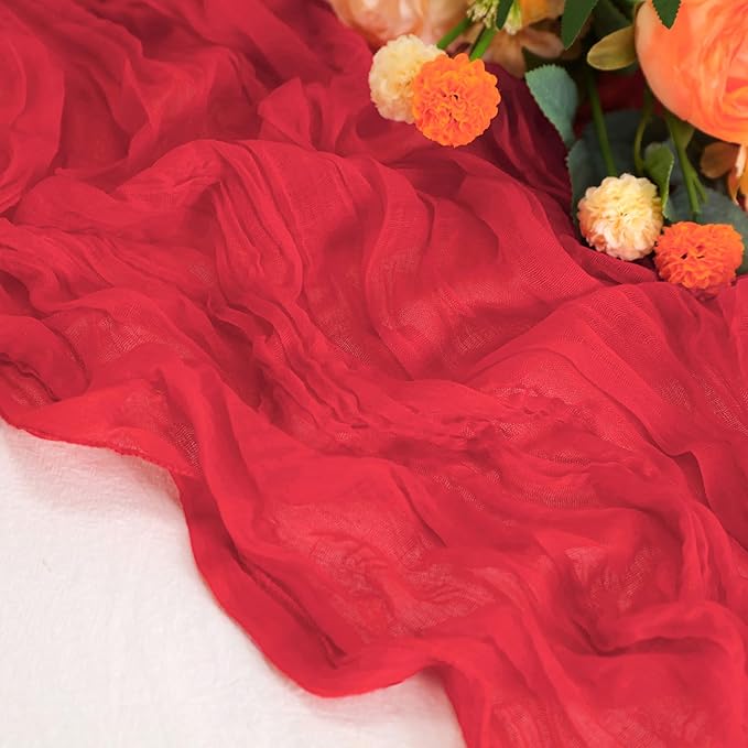 Snowkingdom 10 Ft Red Cheesecloth Table Runner, 120 inch Long Cheese Cloth Boho Gauze Runner for Wedding Bridal Baby Shower Birthday Sheer Table Decorations