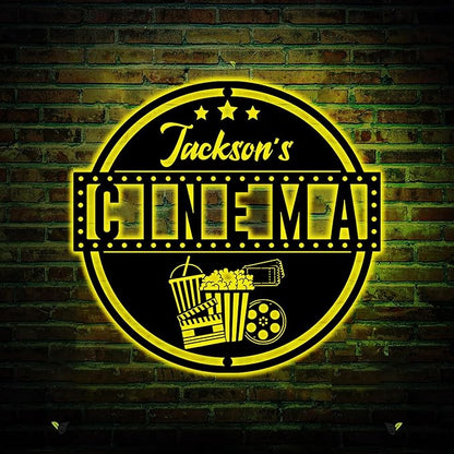 Custom Movie and Popcorn Metal Wall Art LED Light Custom Family Cinema Home Theater Name Sign Home Decor Theater Decor Xmas Birthday Gift