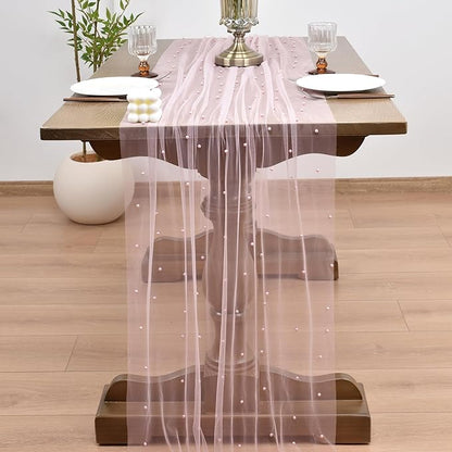 Joanlody Fall Pearl Table Runner 10ft Rustic Boho Tulle Table Runner with Pearls for Baby Shower Wedding Party Veil Dessert Thanksgiving Table Decor Pink